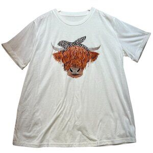 Women's Funny Highland Cow Print T-Shirt Short Sleeve Stretch Sz XL White Casual